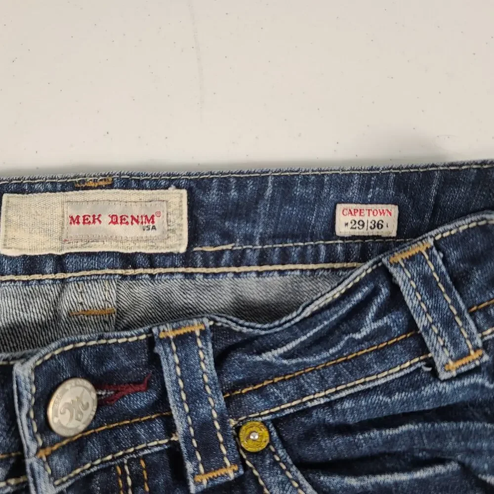 MEK Blue Capetown Denim Jeans USA Lightly Distressed Boot Mid Rise 29 x 36